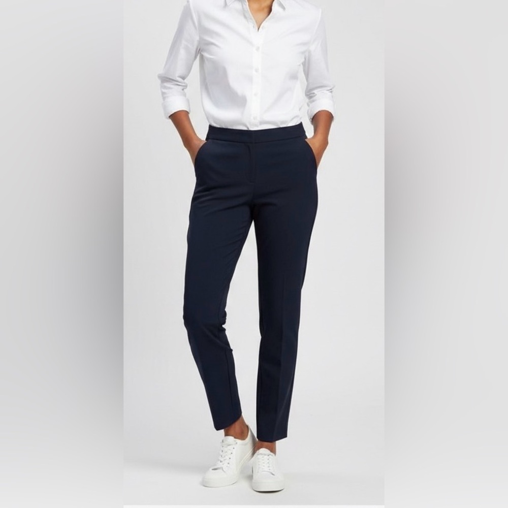 Theory dark blue elegant, thin midrise pants, side zipper, no lining, size 0